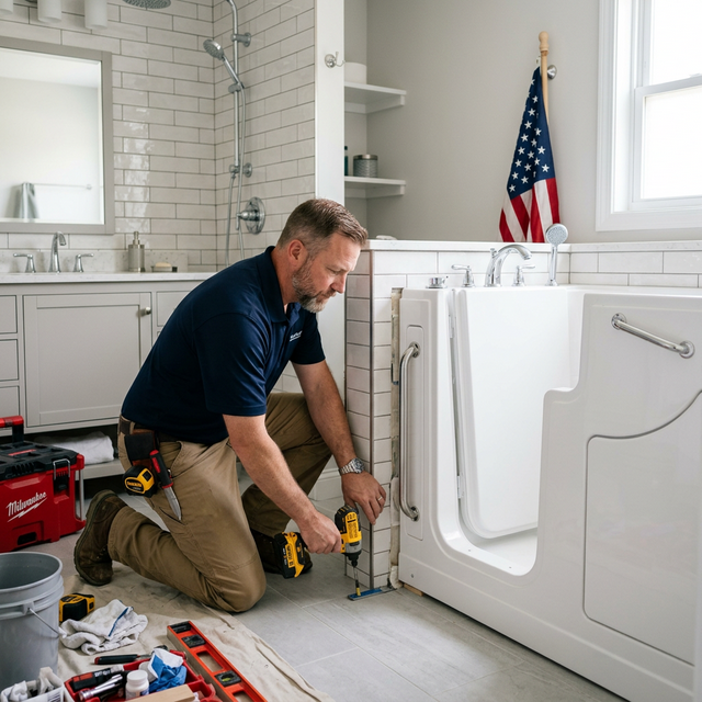 Professional contractor installing American Standard bathroom